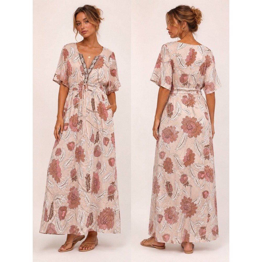 Spartina 449 Pink Floral V-Neck Drawstring Waist Maxi Dress Women's Large